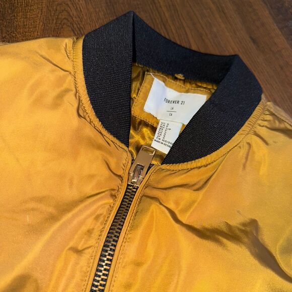 Forever 21 Mustard Yellow Bomber Jacket Satin Lined Oversized Small - Picture 3 of 11